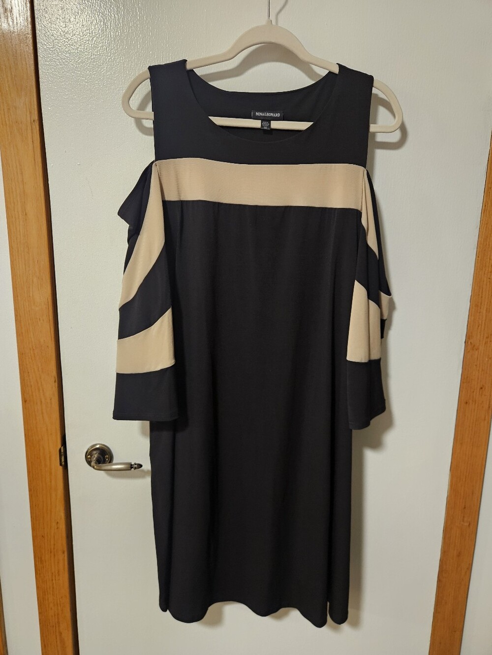 Nina Leonard Black Dress with Beige Stripe Cold-Shoulder Detail Size 1X